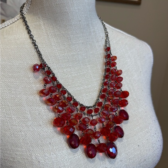 Elegant Dangling Red Beaded Bib Necklace - Picture 3 of 5